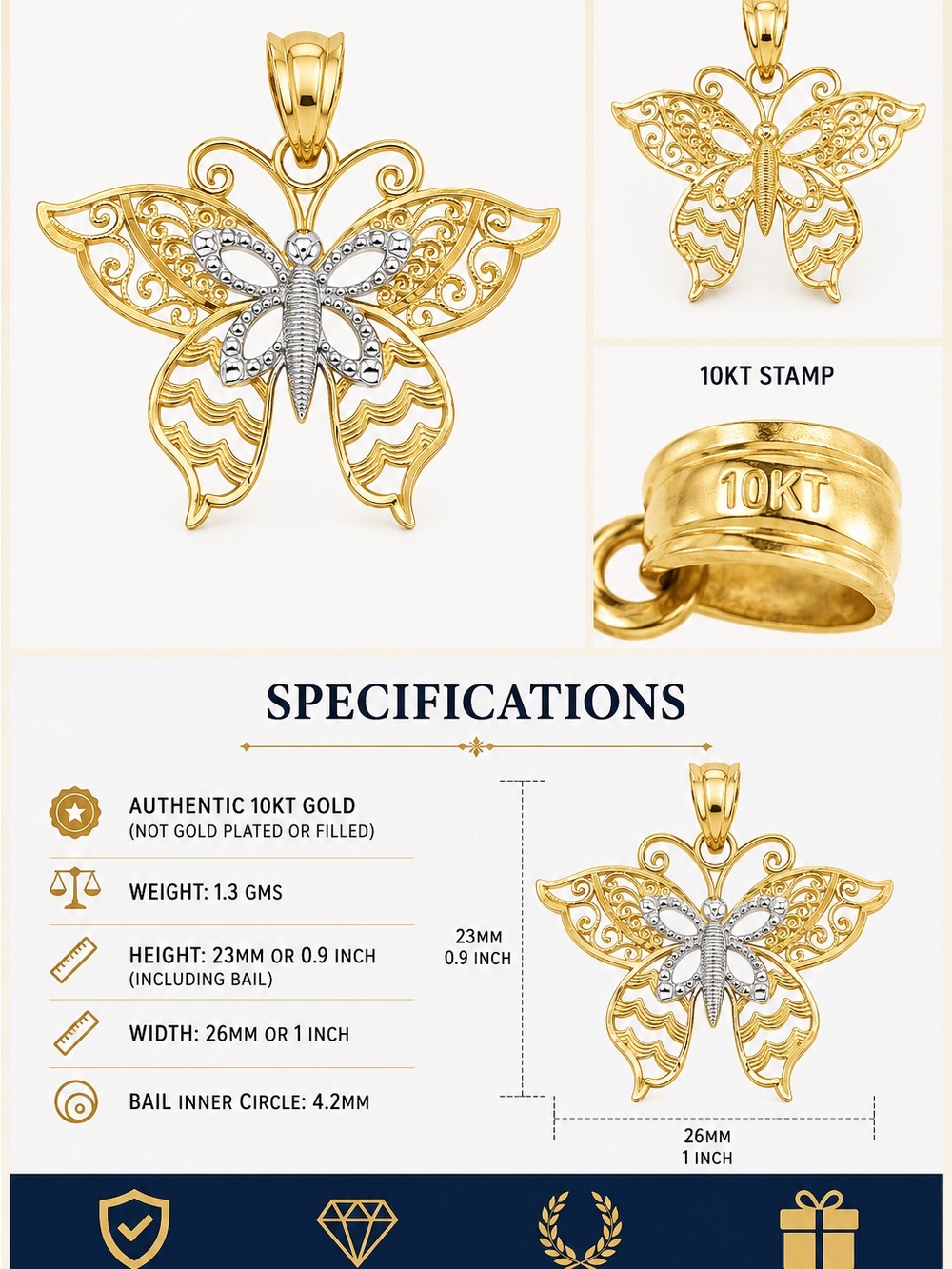 10KT Gold Two-Tone Butterfly Pendant Necklace - Gold & white gold